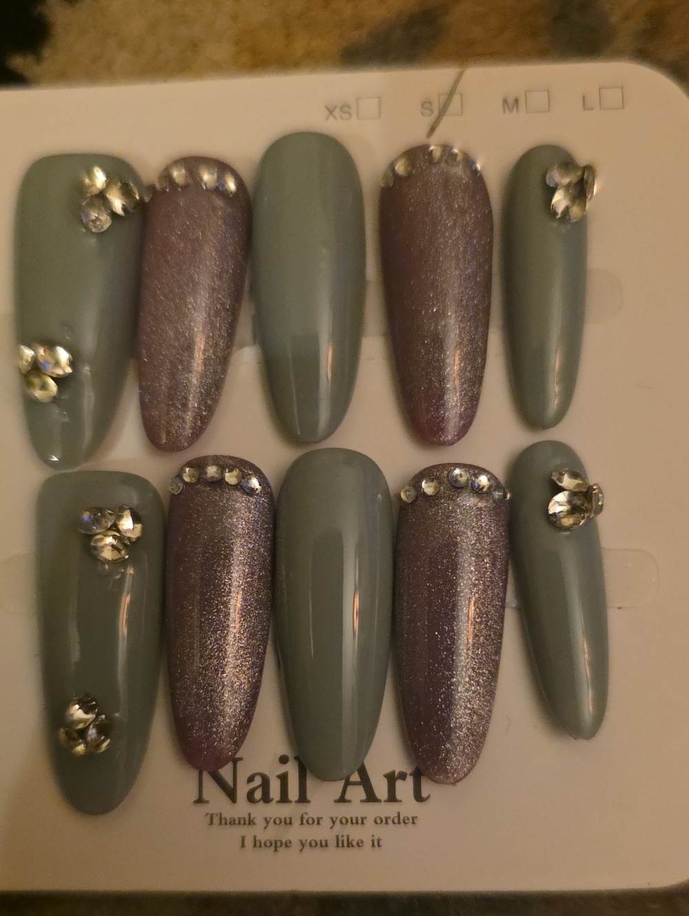 False Nail Set in Sage Green and Shimmery Mauve with Rhinestones Size Small